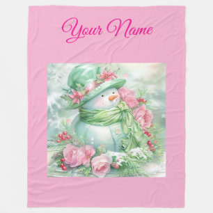 Personalised Pink Vintage Christmas Snowman Fle Fleece Blanket