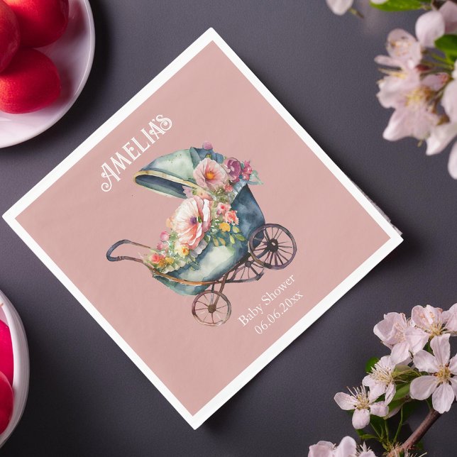 Personalised Pink Vintage Pram Baby Shower Napkin (Creator Uploaded)