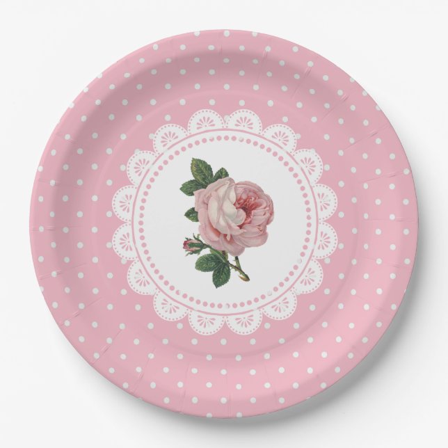 Personalised Pink Vintage Rose Paper Plates (Front)