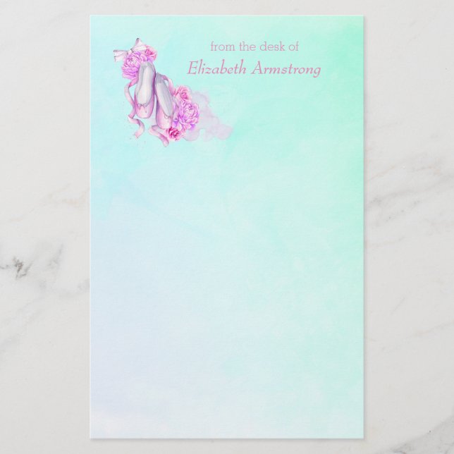Personalised Pink Watercolor Ballet Shoes Stationery (Front)