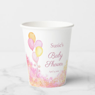 Personalised Pink Watercolor Balloon Baby Shower  Paper Cups
