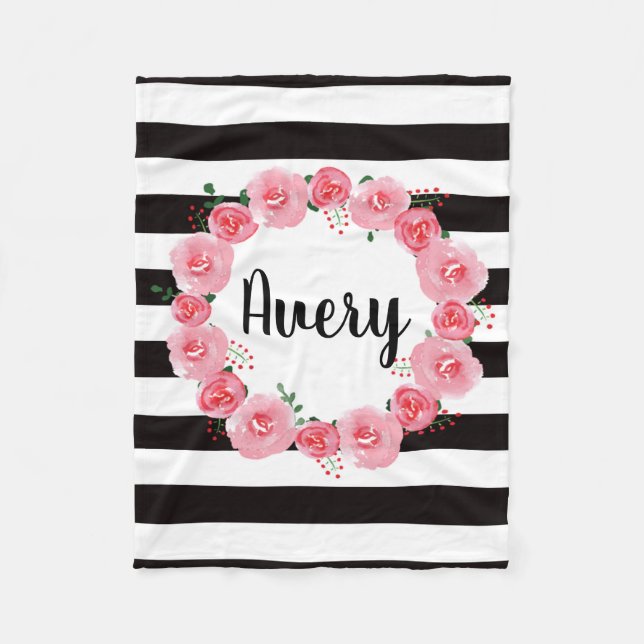 Personalised Pink Watercolor floral fleece Blanket (Front)