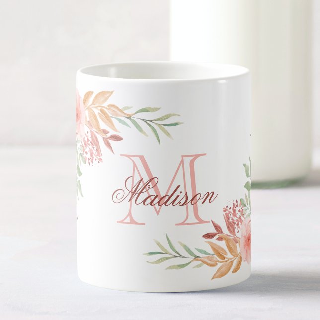 Personalised Pink Watercolor Floral Monogram Name Coffee Mug (Creator Uploaded)