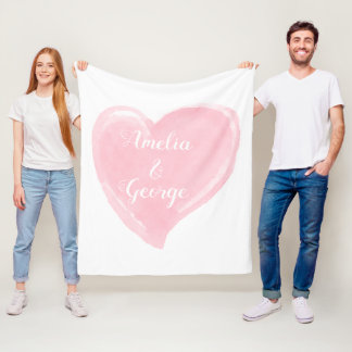 Personalised Pink Watercolor Heart Wedding Fleece Blanket