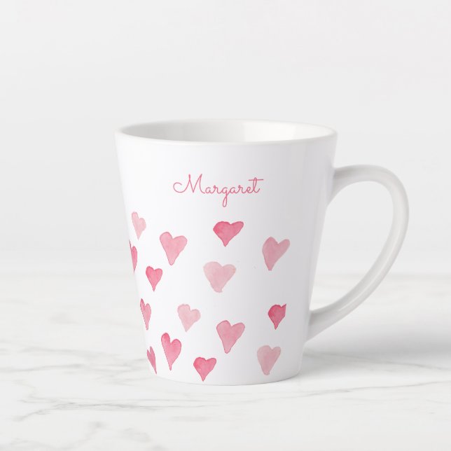 Personalised Pink Watercolor Hearts Valentines Day Latte Mug (Right)