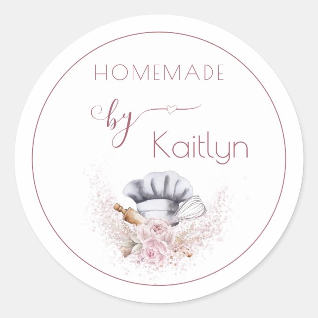 Personalised Pink Watercolor Homemade Baking  Classic Round Sticker (Front)