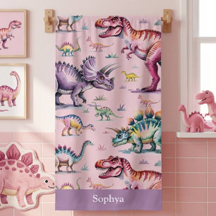 Personalised Pink Watercolor Kids Dinosaur Beach Towel