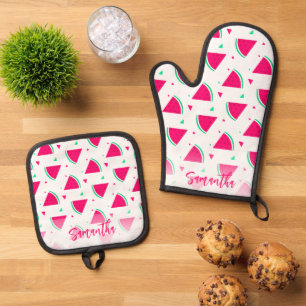 Personalised Pink Watermelon Pattern Oven Mitt & Pot Holder Set