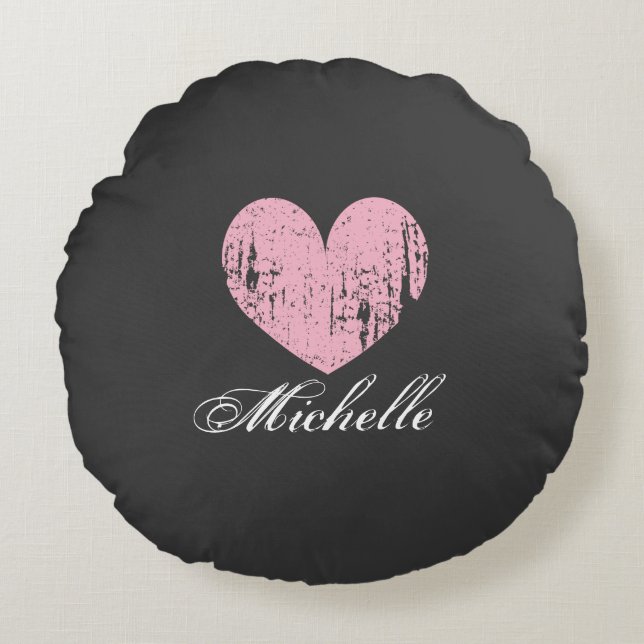 Personalised pink weathered heart round pillow (Front)