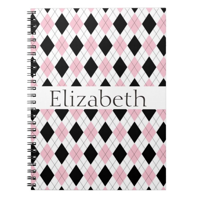 Personalised Pink White Black Argyle Pattern Notebook (Front)