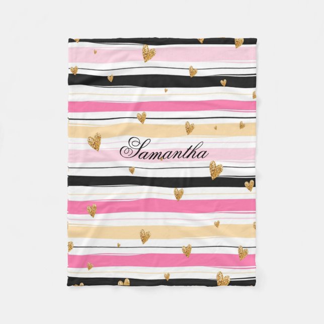 Personalised Pink White Black Stripes Gold Glitter Fleece Blanket (Front)