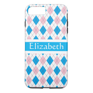 Personalised Pink White Blue Argyle Pattern iPhone 8 Plus/7 Plus Case