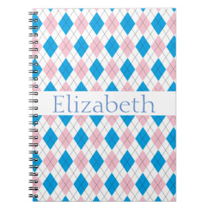 Personalised Pink White Blue Argyle Pattern Notebook