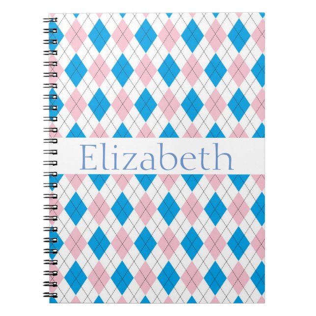 Personalised Pink White Blue Argyle Pattern Notebook (Front)