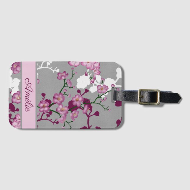 Personalised Pink White Burgundy Cherry Blossoms Luggage Tag (Front Horizontal)