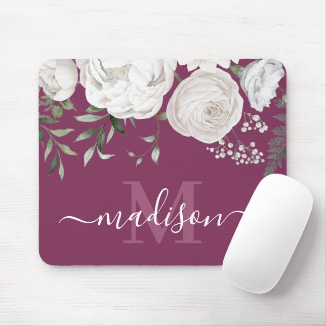 Personalised Pink White Floral Name Monogram Mouse Mat (With Mouse)