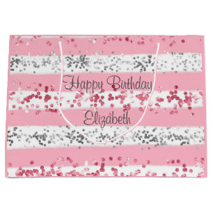 Personalised Pink White Grey Silver Glitter Large Gift Bag