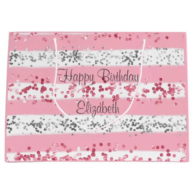 Personalised Pink White Grey Silver Glitter Large Gift Bag (Front)