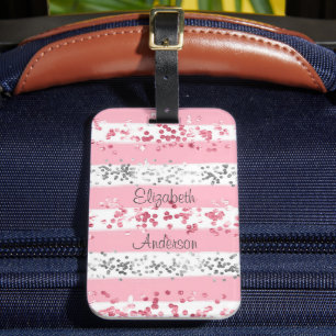 Personalised Pink White Grey Silver Glitter Luggage Tag