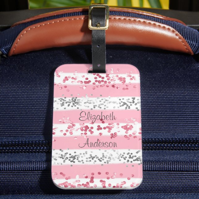 Personalised Pink White Grey Silver Glitter Luggage Tag (Front Insitu 2)