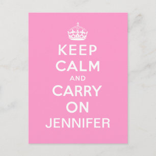 Personalised Pink White Keep Calm and Carry On Postcard