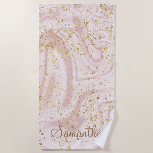 Personalised Pink White Marble Swirl Gold Glitter Beach Towel (Front)