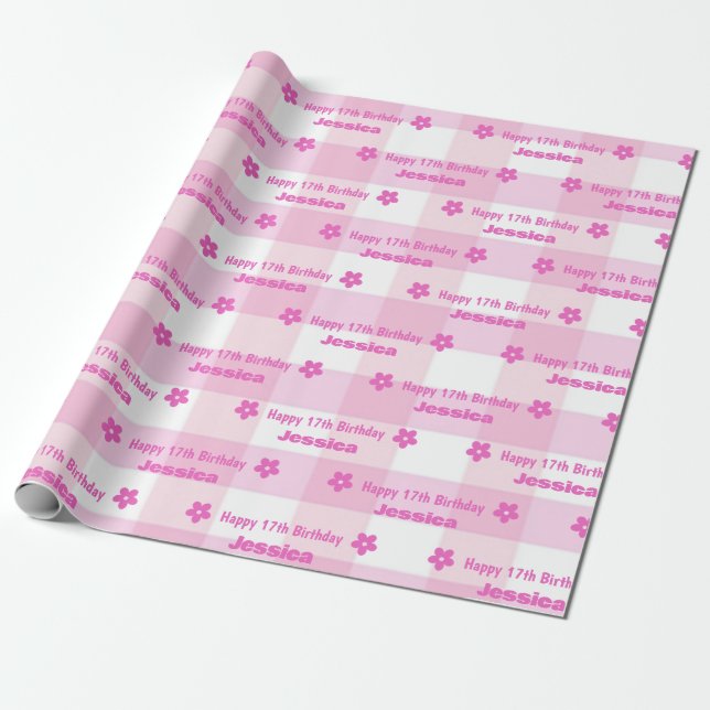 Personalised Pink White Plaid Happy 17th Birthday Wrapping Paper (Unrolled)
