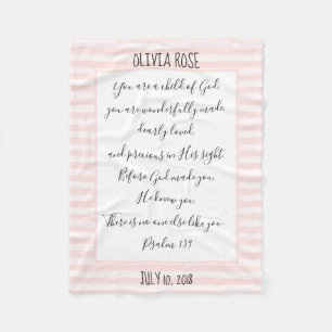Personalised, Pink/White Stripe, Verse from Psalm Fleece Blanket