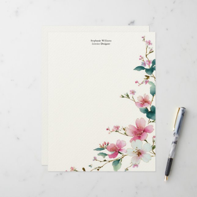 Personalised  Pink White Wildflowers Florals  Custom Letterhead (Front/Back In Situ)