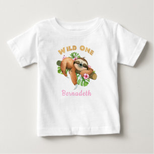 Personalised Pink WILD ONE Sloth 1st Birthday Baby T-Shirt