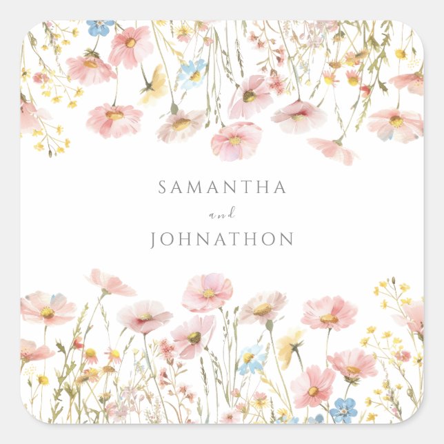 Personalised Pink Wildflower Watercolor Wedding  Square Sticker (Front)