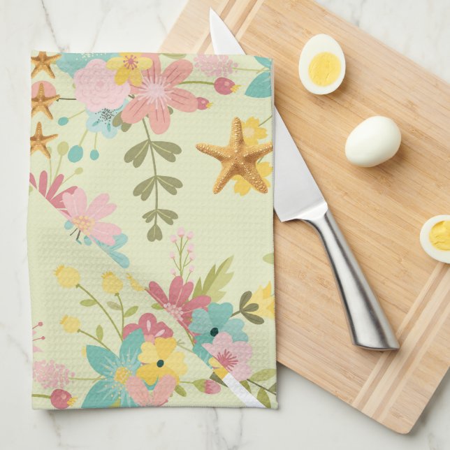 Personalised Pink Yellow Green Florals Tea Towel (Quarter Fold)