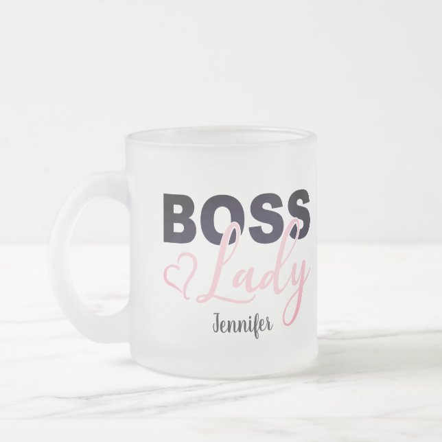 Personalised PinkHeart Boss Lady Coffee   Frosted Glass Coffee Mug (Left)