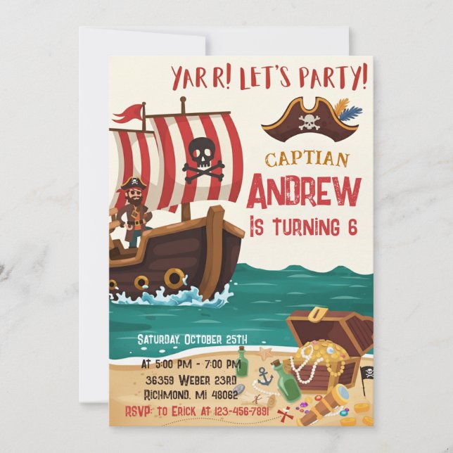 Personalised Pirate Birthday Party Invitation Card (Front)