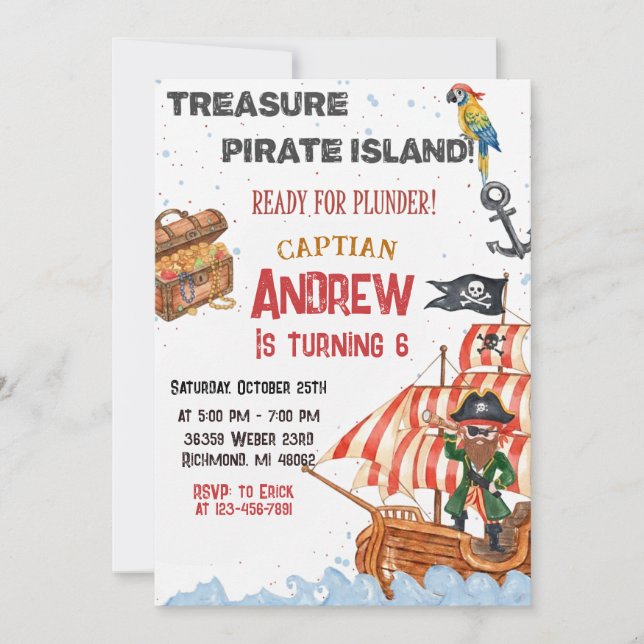 Personalised Pirate Birthday Party Invitation Card (Front)