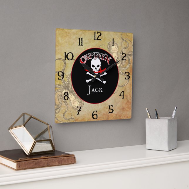 Personalised Pirate Captain Square Wall Clock (Office)