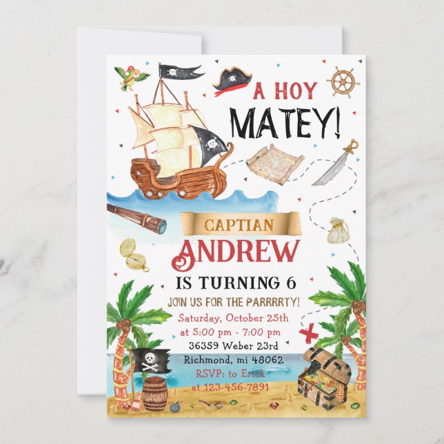 Personalised pirate child's birthday invitation (Front)