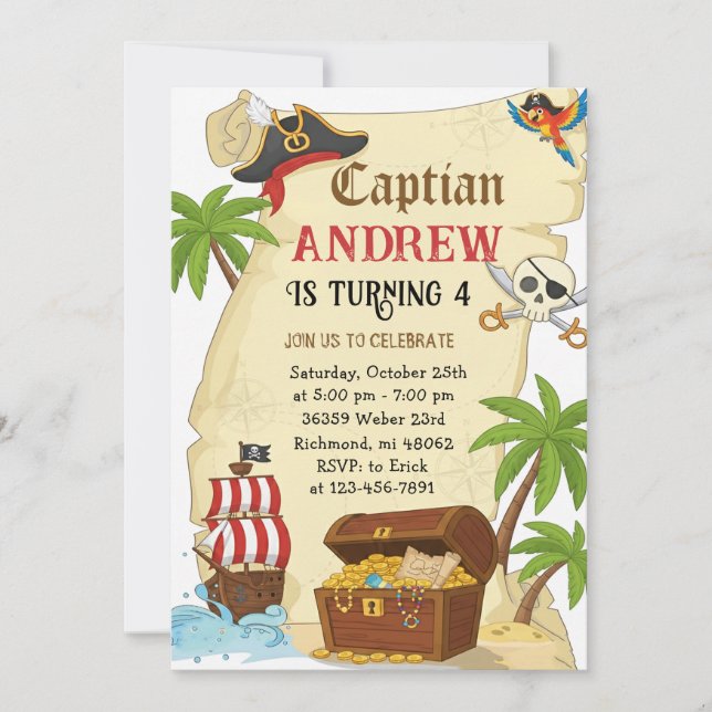 Personalised pirate theme child's birthday invitation (Front)