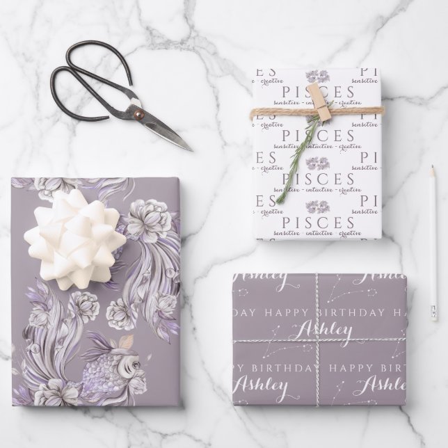 Personalised Pisces Wrapping Paper Sheets  (Front)