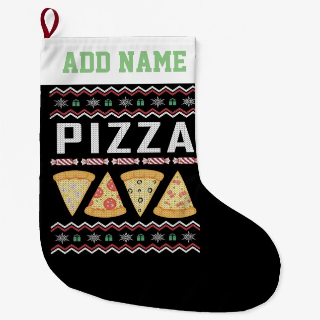 Personalised Pizza Ugly Christmas Sweater Large Christmas Stocking (Front)