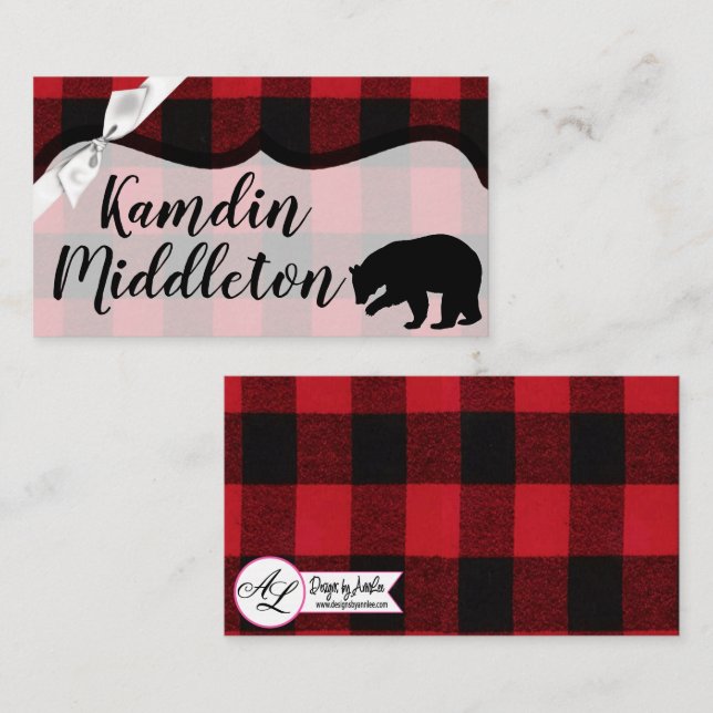 Personalised Place Cards Red Buffalo Plaid Bear Bl (Front/Back)