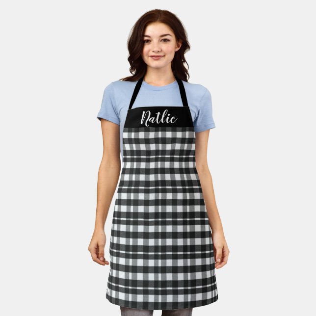 Personalised Plaid Aprons, Black and White Name Apron (Worn)
