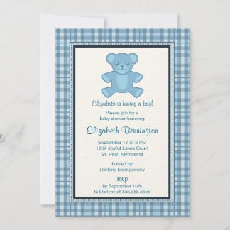 Personalised Plaid Bear Boy Baby Shower Invites