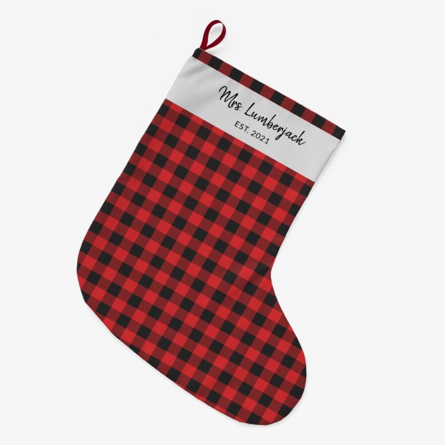 Personalised Plaid Black Red Check Buffalo Name Large Christmas Stocking (Front (Hanging))