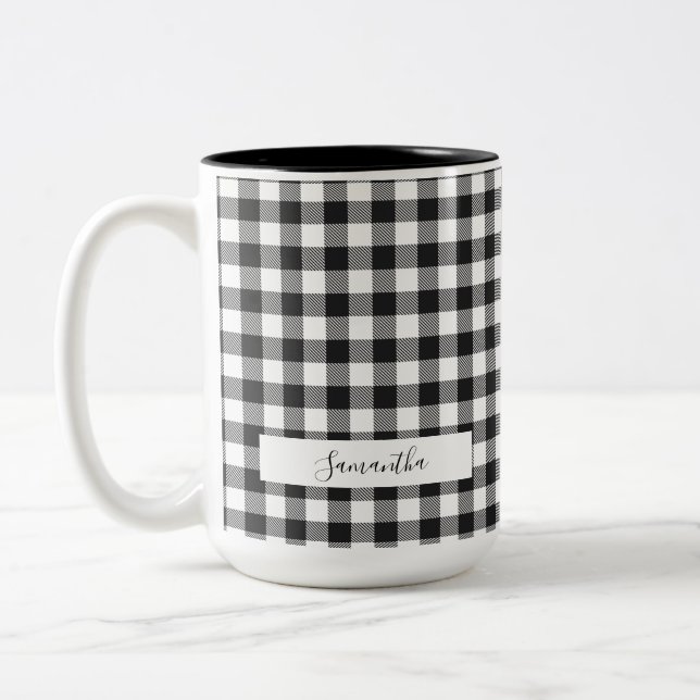 Personalised Plaid Black White Rustic Gingham Mum Two-Tone Coffee Mug (Left)