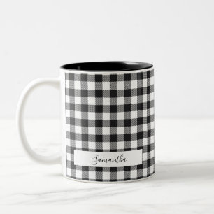 Personalised Plaid Black White Rustic Gingham Mum Two-Tone Coffee Mug