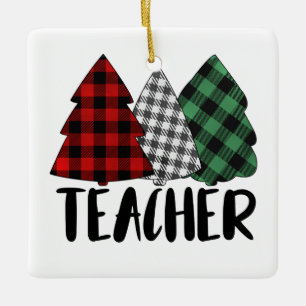 Personalised Plaid Christmas Trees Teacher Ceramic Ornament