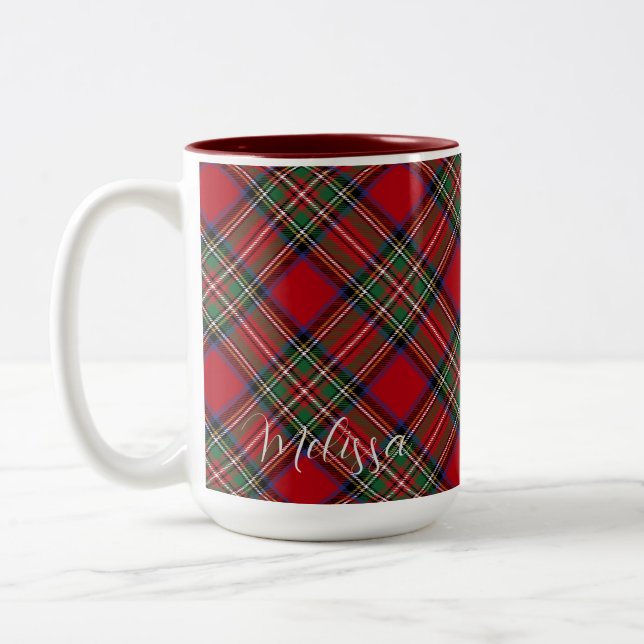 Personalised Plaid Clan Stewart Red Green Tartan Two-Tone Coffee Mug (Left)