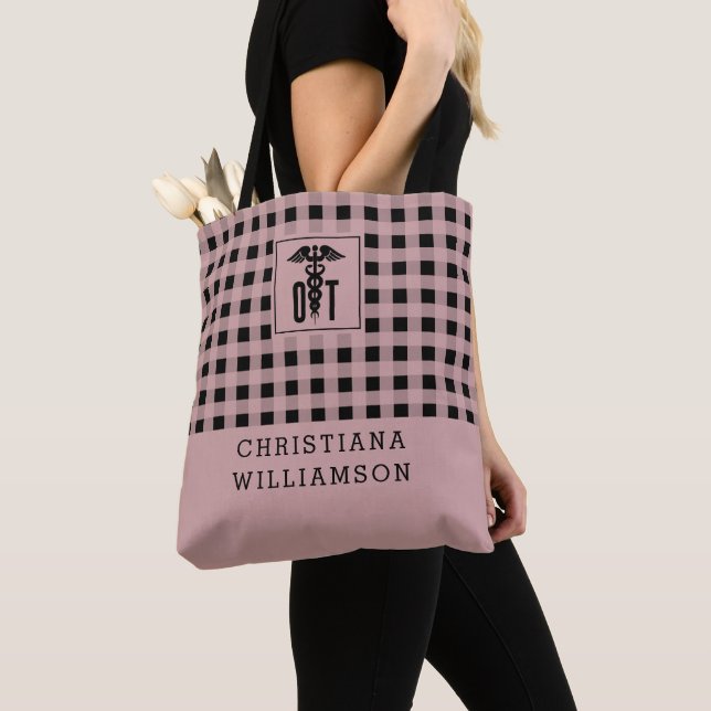 Personalised Plaid Pattern OT Occupational Therapy Tote Bag (Close Up)