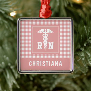 Personalised Plaid Pattern RN Registered Nurse Metal Tree Decoration